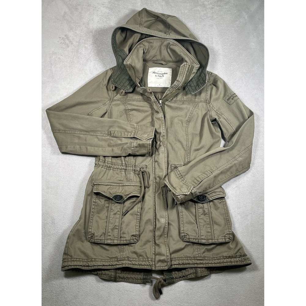 VTG Abercrombie & Fitch Womens Utility Jacket Military Parka Hooded Olive M Y2K